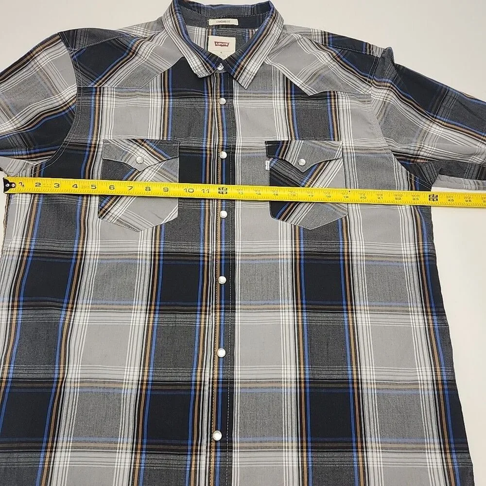 Levi's Shirt Western Cotton Pearl Snap Blue Gray Plaid Men Sz XL Standard Fit